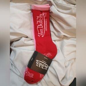 New Women's Von Dutch Vibrant Red Crew Socks Spell Out And Logo OS